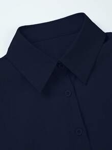 INAWLY 女士休闲蝴蝶结纽扣长袖衬衫 - 藏蓝色 - 查看 3