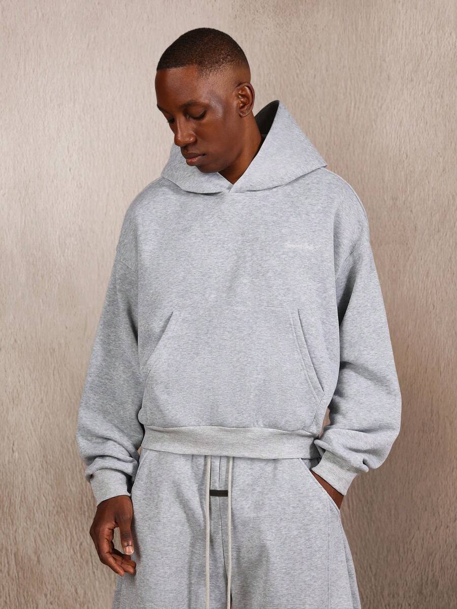 SUMWON Drawstring Hoodie With Centre Pocket And Ribbed Cuffs Plain - Dark Grey - View 1