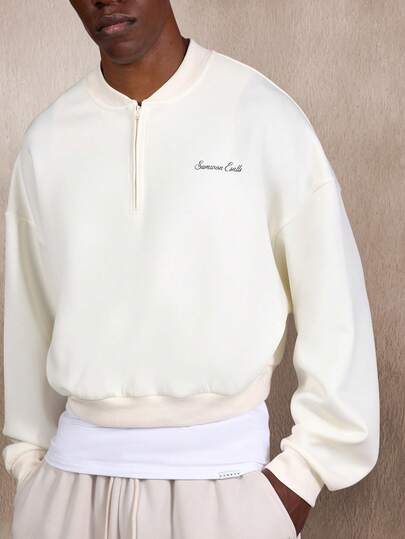 SUMWON Sudadera con media cremallera de longitud corta esencial, diseño minimalista moderno de tela premium de felpa francesa, uso casual relajado, sudadera básica de uso diario