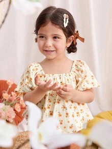 Blossori Blusa con volantes en el bajo con estampado floral amarillo para niñas, estilo vacaciones en el campo - Multicolor - Ver 5