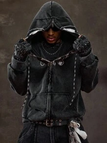 ROMWE MEN Street Life Men's Dark Style Skull Print Zip-Up Hoodie Jacket, Fall - Black - View 4