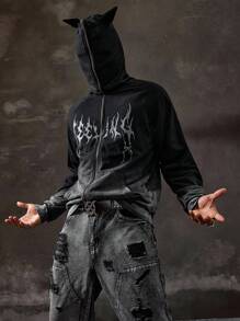 ROMWE MEN Anime 男士哥特式印花长袖休闲拉链连帽运动衫，秋季，万圣节 - 深灰色 - 查看 1