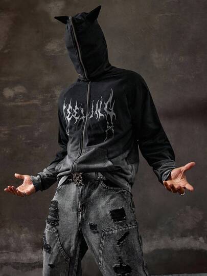 Goth Felpa con cappuccio casual da uomo con chiusura lampo e stampa gotica, manica lunga, adatta per l'autunno e Ognissanti
