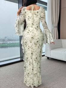 Modelyn Váy tay loe họa tiết hoa thanh lịch dành cho nữ - màu xanh lá - Xem 2