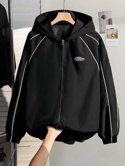 Casual Fashion Elastic Cuff & Hem Hooded Jacket For Teenage Girls, Contrast Stripe, Front & Back Printed Pattern, Loose Fit, Comfortable, Suitable For Spring, Autumn, Daily Wear, Outdoor, Gathering, Photo Shoot Fall Winter