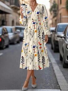 SHEIN Clasi Apricot Ditsy Floral Long Dress, Elegant And Suitable For Everyday Wear Classy Outfits For Women Fall Clothes For Women Fall Women Clothes Fall Dresses For Women Elegant Dresses For Women Fall Dresses Chic Dress