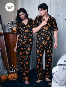 CoupledUp Bộ đồ ngủ ve áo in hình đầu bí ngô Halloween dành cho nữ, đồ ngủ Halloween đôi cho cặp đôi, dành cho tiệc Halloween - màu đen - Xem 8