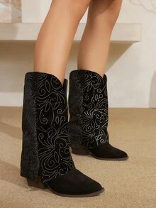 Styleloop Women's Round Toe Comfortable Chunky Heel Short Boots, Wrinkled Texture, Versatile - Black - View 1