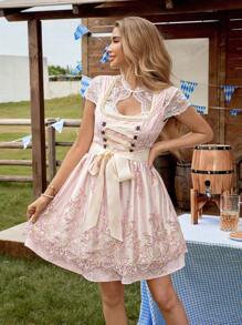SHEIN Frenchy Women's Vintage Embroidered Mesh Contrast Lace-Up Dirndl,Pink Floral,Summer,Elegant,Party Square Neck Short Sleeve Flounce Hem Oktoberfest Dress - Green - View 3