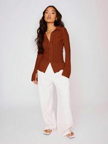 MUSERA Fitted Stripe Flare Long Sleeve Button Up Shirt Casual Cute Elegant Occasion Cute Tops Holiday Fall Work Fall Autumn  Party Elegant Spring Summer - Red - View 5