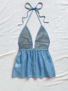 Soleia Áo crop top hở lưng hở lưng cho nữ có họa tiết dệt jacquard, trang phục đi nghỉ, màu hồng cánh sen - Màu xanh lam - Xem 2