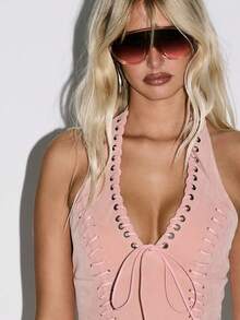 KIZN Vintage Inspired Suede Halter Corset Top With Lace Up Front Festival Party Club Night Out Y2K Fashion Cropped Bustier