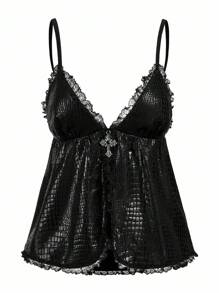 Shutterstock Y2Kool Black, Crocodile Embossed, Lace Patchwork, Metal Cross, Goth, Halloween, Street Style, Sexy, Casual Women Camisole Tank Top, Suitable For Summer, Autumn, Vacation, Gathering, Party, Daily Wear Black Babydoll Top Gothic Top Black Lace Cami Top Black Gothic Top Black Lace Trim Top Gothic Bathing Suit Gothic Tops Gothic Summer Clothes Sequin Romper Y2K Clothes Matching Idea Stylish Clothing Collection New Year Outfits