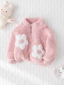 Cozy Pixies 秋冬款女婴花卉3D图案立领长袖半拉链羊毛套头衫