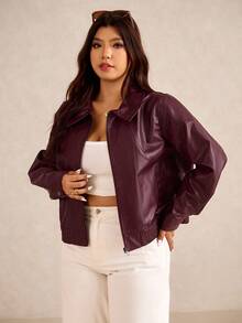 Elaquor Plus Size Women Solid Color Long Sleeve PU Leather Zipper Front Casual Jacket Winter Fall Autumn