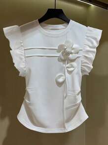 Franclia Pleated 3D Flower Cutout Short Cap Sleeve Casual Cute Vacation Style Women T-Shirt, Spring/Summer - White - View 1