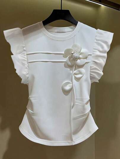 Franclia Pleated 3D Flower Cutout Short Cap Sleeve Casual Cute Vacation Style Women T-Shirt, Spring/Summer