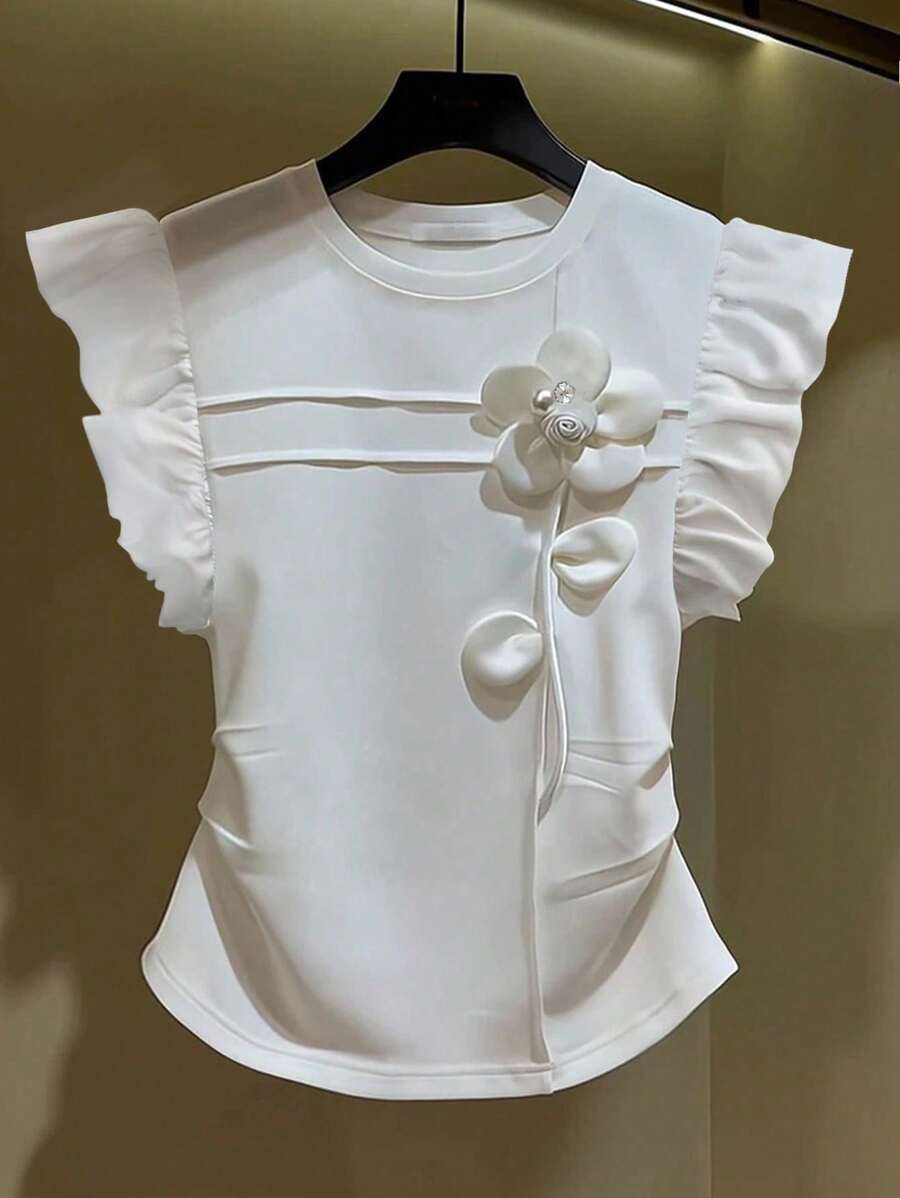 Franclia Pleated 3D Flower Cutout Short Cap Sleeve Casual Cute Vacation Style Women T-Shirt, Spring/Summer - White - View 1