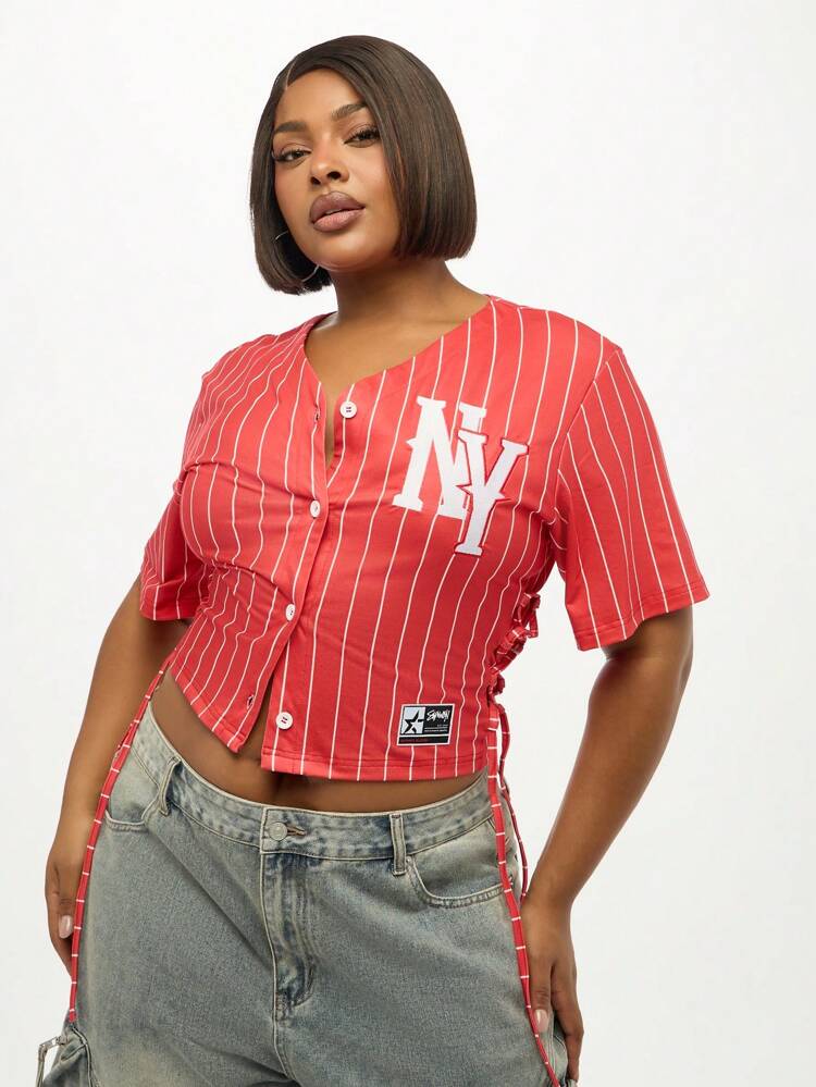 Baseball Jersey Style Crop Top With Side Lace Up
