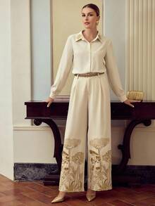 ZEYLAH Embroidered Elegant Casual Straight Wide-Leg Button Women Pants Fall Cloth For Women - Apricot - View 2