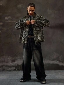ROMWE MEN Street Life 豹纹休闲男士长袖口袋纽扣牛仔夹克 - 彩色 - 查看 5