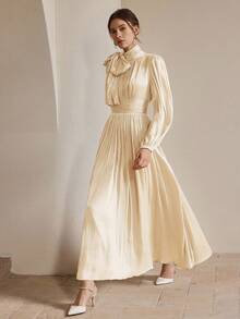 Anewsta Women's Long Dress With Waist Ruched Shiny Elegant, Versatile Design For Spring And Autumn - Apricot - View 4