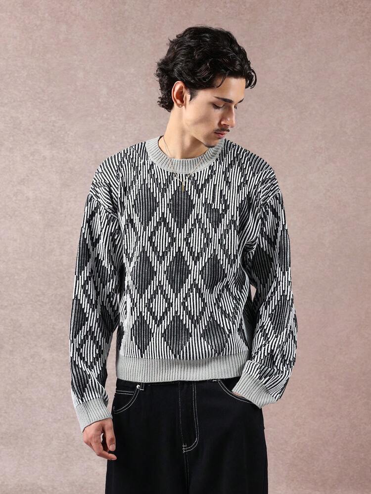 Engineered Rib Knit Jumper With Diamond Pattern