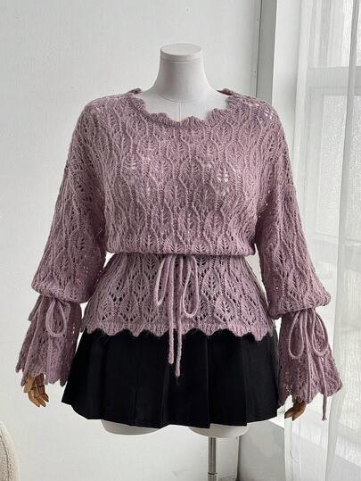 Ceyna Ensemble pull avec manches longues, couleur unie, motif losange ajouré et garniture en dentelle