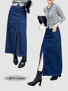 K-Vae Women's Autumn Dark Denim Blue Fashion Slit Long Straight Denim Skirt,Fall Outfits Women , Going Out Outfits,Old Money,Homecoming, Going Out Outfits ,Business Casual Woman