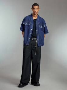 ROMWE MEN Men's Casual Collarless Short Sleeve Denim Top