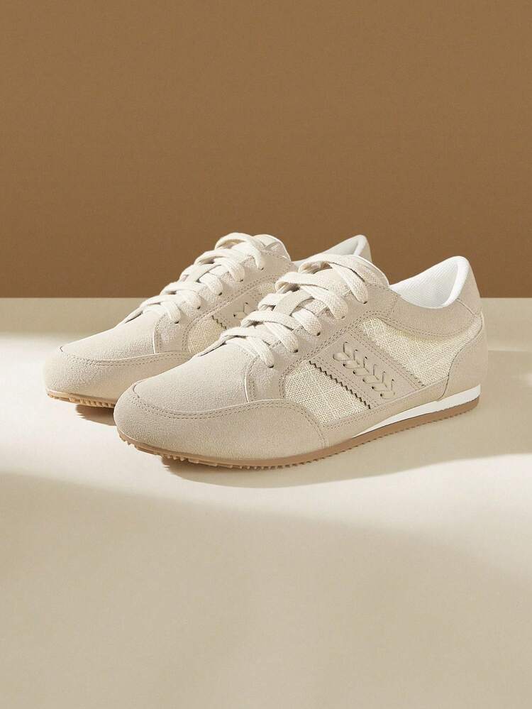 CUCCOO EASI Women Patchwork Design Round Toe Flat Athletic Casual Shoes, Comfortable Sporty Casual PU Leather Light Khaki Sneakers For Daily Indoor And Outdoor Wear