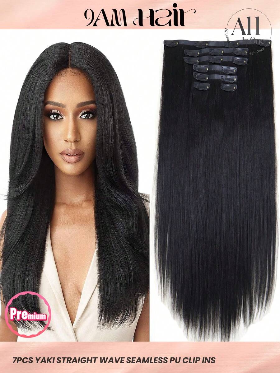 Seamless Clip Ins 7 piezas Extensiones de cabello humano de inserción invisible con clip liso Yaki 1B# 110g/130g/150g, cabello completo con PU sin costuras - S1B - Ver 1