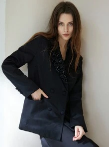 Aveloria Modichic 女士通勤时尚天鹅绒亮片拼接宽松双排扣西装外套，优雅高端休闲外套