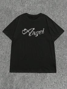 INAWLY 加大码女式天使水钻闪光图案 T 恤，圆领短袖休闲美观上衣，适合夏季外出 - 黑色 - 查看 3