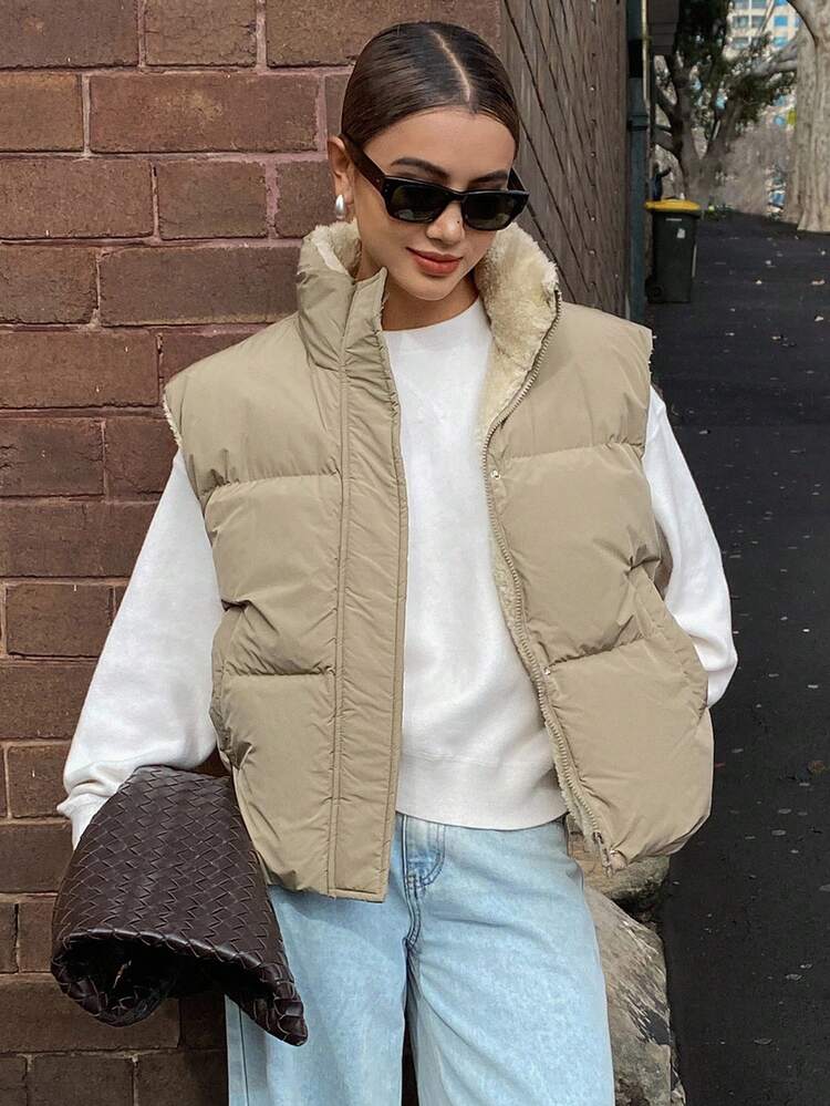 Women's Sleeveless Vest With Furry Patchwork, Loose Casual Padded Coat For Autumn/Winter Jacket