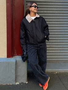 Livesso 女士撞色毛领宽松休闲棉服外套 - 藏蓝色 - 查看 8