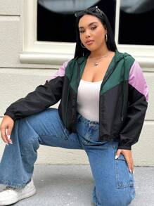 SHEIN EZwear Plus Size Women's Long Sleeve Zip Front Drawstring Contrast Color Woven Hooded Jacket Winter Fall Autumn - Multicolor - View 5