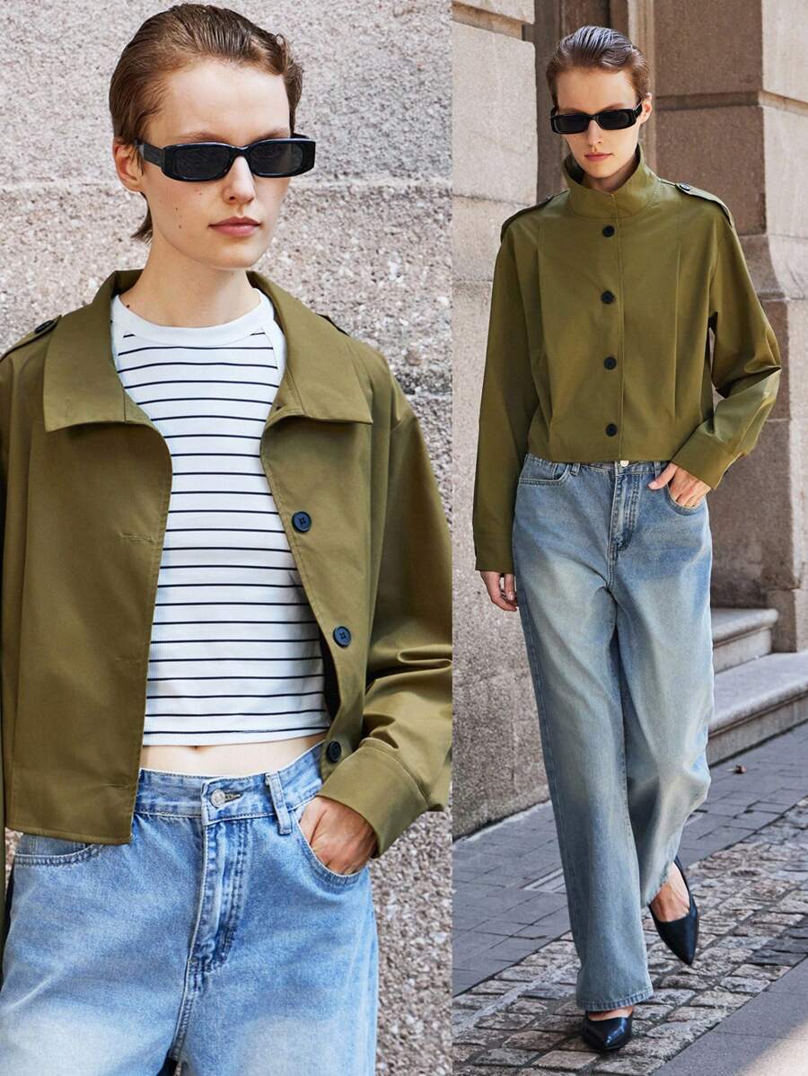 Lumivelle Women's Loose Casual Long Sleeve Single-Breasted Short Jacket, Autumn Fall Winter Cloth For Women - Army Green - View 1