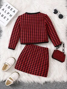 SHEIN 2 件套女孩针织格子撞色开衫和针织裙，非常适合秋冬季休闲日常穿着和学校日常穿着，适合圣诞节、女孩冬季服装、圣诞服装、派对服装、日常学校服装、生日服装、公主服装 - 紅色 - 查看 2
