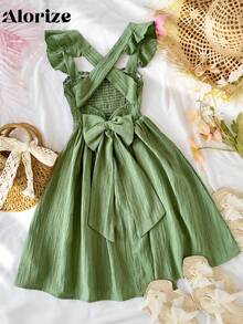 青少年女孩休闲优雅学院风连衣裙，绿色无袖纹理面料 A 字裙，蝴蝶结交叉肩带，适合户外、度假和上学，春夏季 - 綠色 - 查看 1