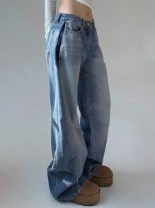 DAZY Damskie luźne jeansy z przodu z zapięciem na guziki i wieloma kieszeniami, szerokie nogawki, codzienne, luźne jeansy - Niebieski - Zobacz 3