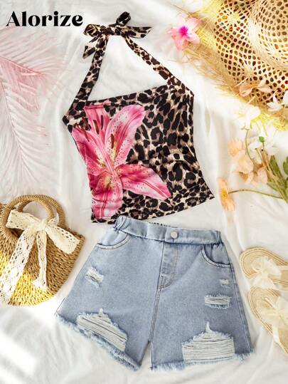 青少年女孩豹纹细肩带背心和破洞牛仔短裤两件套，伊比沙岛夏季服装