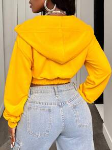 BamGleam 女式落肩字母印花拉链连帽休闲运动衫秋冬款黄色连帽衫 - 黃色 - 查看 2