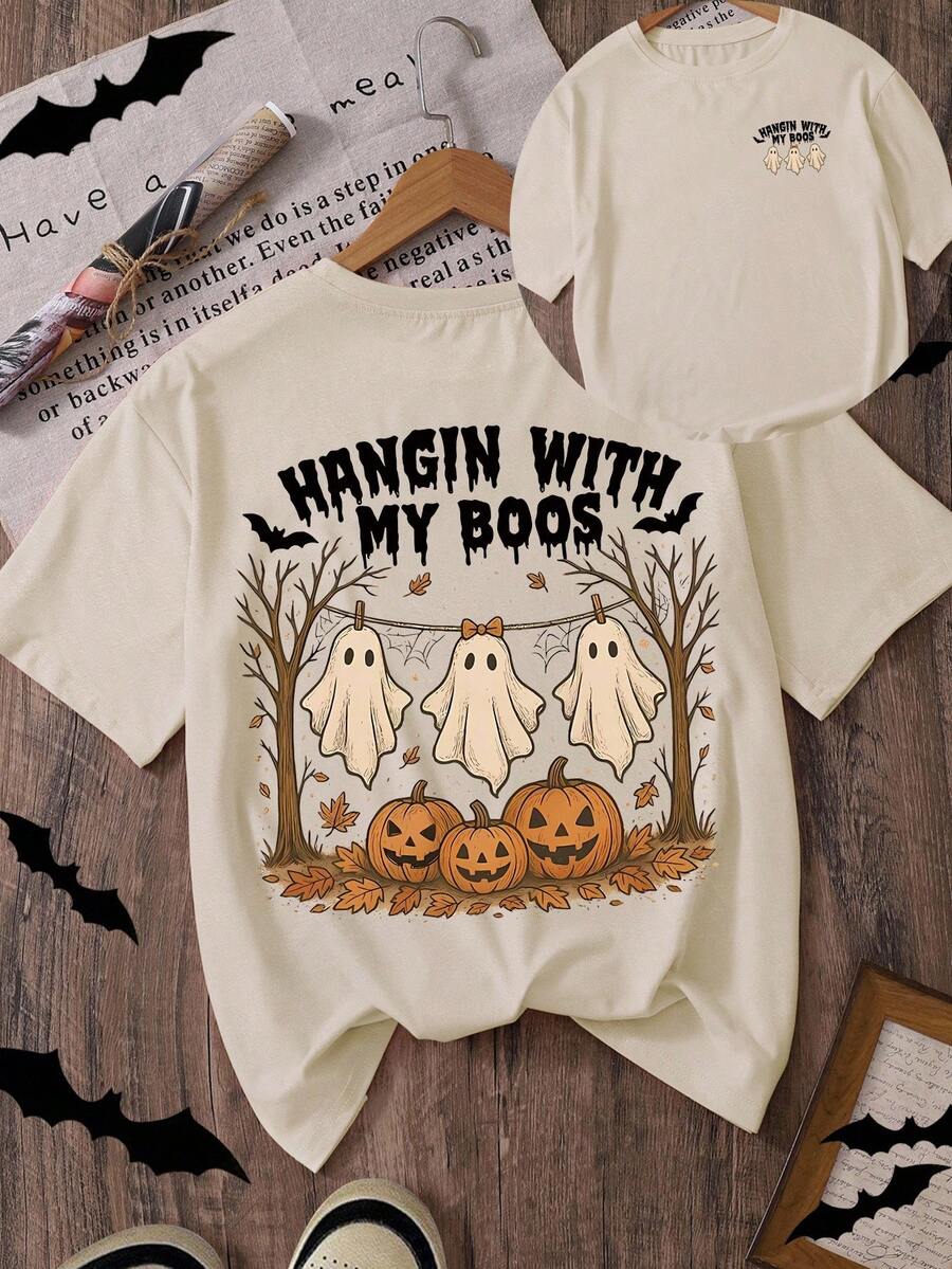 Plus Size Women Halloween, Ghost, Pumpkin Print T-Shirt
