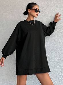 EURMUSE 100%Cotton Solid Drop Shoulder Sweatshirt Dress - Black - View 6