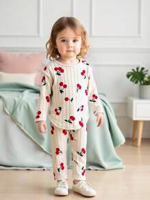 SHEIN Playful Pals 6 件套女婴秋冬新款罗纹针织面料杏色樱桃印花纯色服装，3 件套长袖上衣和裤子，时尚休闲可爱套装 - 彩色 - 查看 4