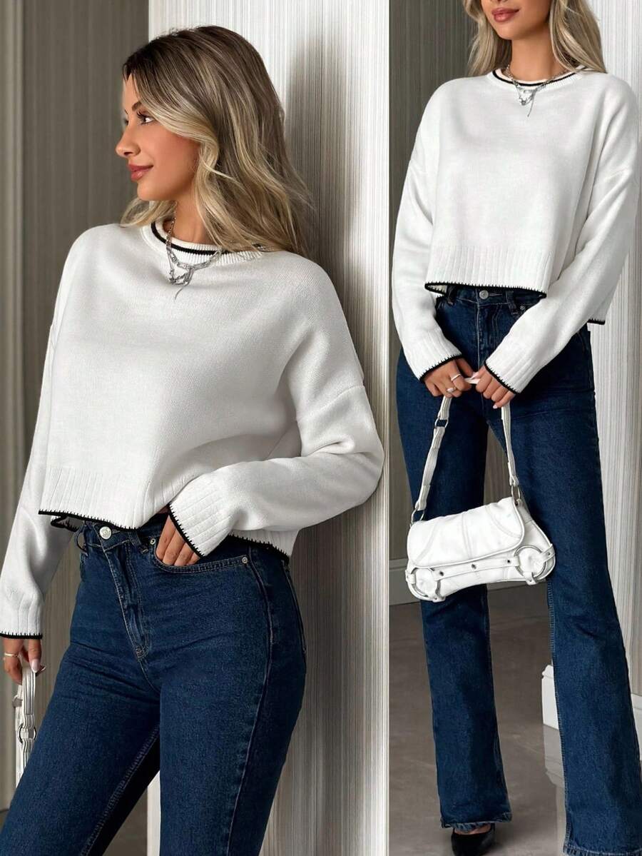 EURMUSE Soft Fine-Knit Long-Sleeve Pullover With Ribbed Hem And Collar, Contrast Stripe Detailing,Jumper,Cream Jumper,Jumpers For Women,Jumpers,Black Jumper,Womens Jumper,White Jumper,Women's Jumper,Women's Jumpers,Winter Clothes - White - View 1