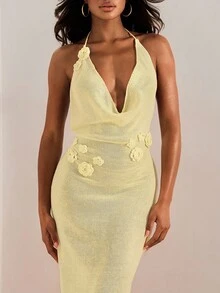 Opulessa Cubre de mujer con cuello halter y espalda descubierta con decoración de flores 3D, para vacaciones y playa