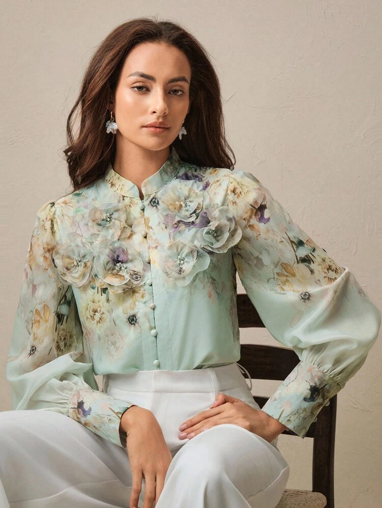 Spring New Monet Garden Floral Print Thin Long Sleeve Stand Collar 3D Flower Design Women Shirt