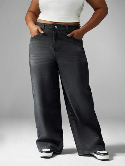 MISSGUIDED PLUS Pantalones vaqueros de pierna ancha de talla grande con estilo de moda Y2K, cintura alta, estilo vintage, holgados, de mezclilla, para otoño e invierno, ropa casual de calle, mezclilla cruda